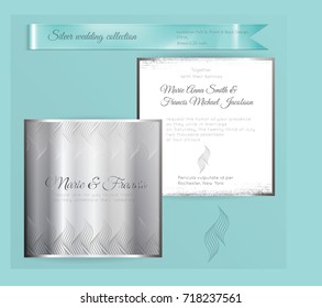 Luxury wedding invitation template with silver shiny ornament. Back and front square card layout with silver pattern on white. Isolated. Design for bridal shower, save the date, banner.