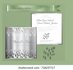 Luxury wedding invitation template with silver shiny ornament. Back and front square card layout with silver pattern on white. Isolated. Design for bridal shower, save the date, banner.