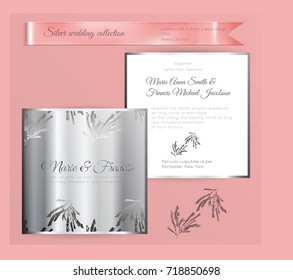 Luxury wedding invitation template with silver shiny ornament. Back and front square card layout with silver pattern on white. Isolated. Design for bridal shower, save the date, banner.