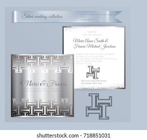 Luxury wedding invitation template with silver shiny ornament. Back and front square card layout with silver pattern on white. Isolated. Design for bridal shower, save the date, banner.