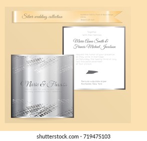 Luxury wedding invitation template with silver shiny ornament. Back and front square card layout with silver pattern on white. Isolated. Design for bridal shower, save the date, banner.