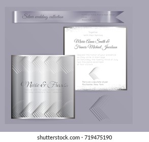 Luxury wedding invitation template with silver shiny ornament. Back and front square card layout with silver pattern on white. Isolated. Design for bridal shower, save the date, banner.