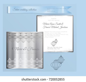 Luxury wedding invitation template with silver shiny ornament. Back and front square card layout with silver pattern on white. Isolated. Design for bridal shower, save the date, banner.