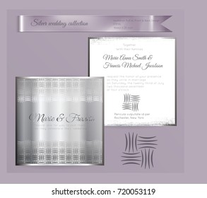Luxury wedding invitation template with silver shiny ornament. Back and front square card layout with silver pattern on white. Isolated. Design for bridal shower, save the date, banner.