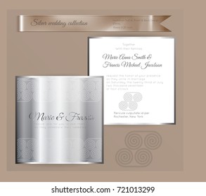 Luxury wedding invitation template with silver shiny ornament. Back and front square card layout with silver pattern on white. Isolated. Design for bridal shower, save the date, banner.