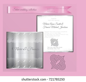 Luxury wedding invitation template with silver shiny ornament. Back and front square card layout with silver pattern on white. Isolated. Design for bridal shower, save the date, banner.
