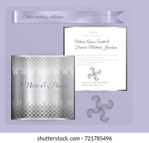 Luxury wedding invitation template with silver shiny ornament. Back and front square card layout with silver pattern on white. Isolated. Design for bridal shower, save the date, banner.