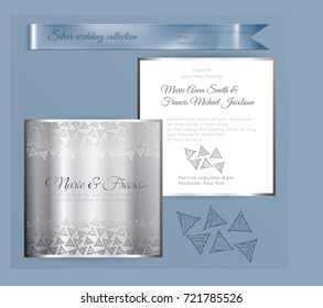 Luxury wedding invitation template with silver shiny ornament. Back and front square card layout with silver pattern on white. Isolated. Design for bridal shower, save the date, banner.