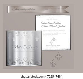 Luxury wedding invitation template with silver shiny ornament. Back and front square card layout with silver pattern on white. Isolated. Design for bridal shower, save the date, banner.