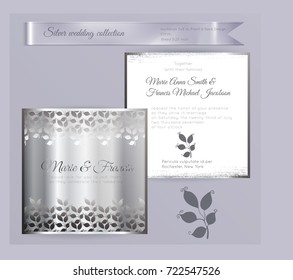 Luxury wedding invitation template with silver shiny ornament. Back and front square card layout with silver pattern on white. Isolated. Design for bridal shower, save the date, banner.