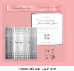 Luxury wedding invitation template with silver shiny ornament. Back and front square card layout with silver pattern on white. Isolated. Design for bridal shower, save the date, banner.