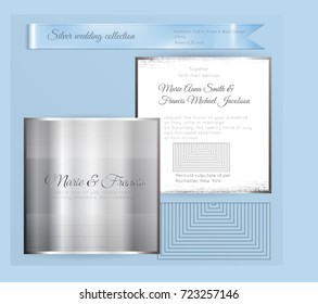 Luxury wedding invitation template with silver shiny ornament. Back and front square card layout with silver pattern on white. Isolated. Design for bridal shower, save the date, banner.