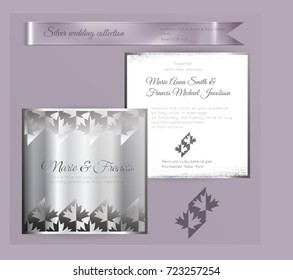 Luxury wedding invitation template with silver shiny ornament. Back and front square card layout with silver pattern on white. Isolated. Design for bridal shower, save the date, banner.