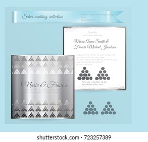Luxury wedding invitation template with silver shiny ornament. Back and front square card layout with silver pattern on white. Isolated. Design for bridal shower, save the date, banner.