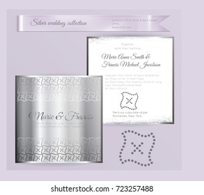 Luxury wedding invitation template with silver shiny ornament. Back and front square card layout with silver pattern on white. Isolated. Design for bridal shower, save the date, banner.