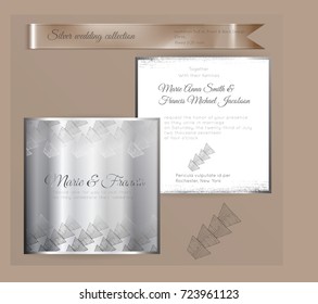 Luxury wedding invitation template with silver shiny ornament. Back and front square card layout with silver pattern on white. Isolated. Design for bridal shower, save the date, banner.