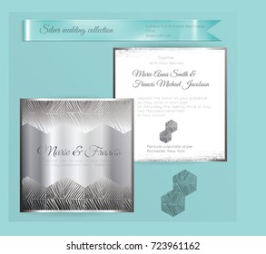 Luxury wedding invitation template with silver shiny ornament. Back and front square card layout with silver pattern on white. Isolated. Design for bridal shower, save the date, banner.