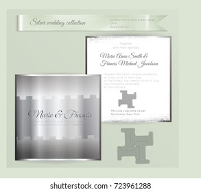 Luxury wedding invitation template with silver shiny ornament. Back and front square card layout with silver pattern on white. Isolated. Design for bridal shower, save the date, banner.