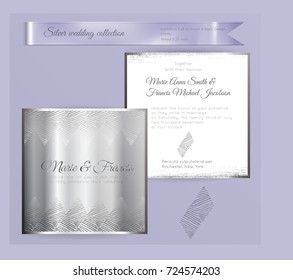 Luxury wedding invitation template with silver shiny ornament. Back and front square card layout with silver pattern on white. Isolated. Design for bridal shower, save the date, banner.