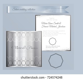 Luxury wedding invitation template with silver shiny ornament. Back and front square card layout with silver pattern on white. Isolated. Design for bridal shower, save the date, banner.