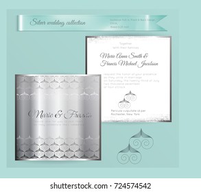 Luxury wedding invitation template with silver shiny ornament. Back and front square card layout with silver pattern on white. Isolated. Design for bridal shower, save the date, banner.