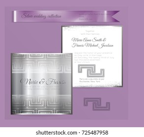 Luxury wedding invitation template with silver shiny ornament. Back and front square card layout with silver pattern on white. Isolated. Design for bridal shower, save the date, banner.