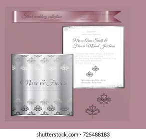Luxury wedding invitation template with silver shiny ornament. Back and front square card layout with silver pattern on white. Isolated. Design for bridal shower, save the date, banner.