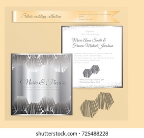 Luxury wedding invitation template with silver shiny ornament. Back and front square card layout with silver pattern on white. Isolated. Design for bridal shower, save the date, banner.