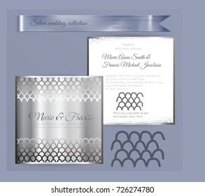 Luxury wedding invitation template with silver shiny ornament. Back and front square card layout with silver pattern on white. Isolated. Design for bridal shower, save the date, banner.