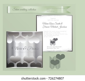 Luxury wedding invitation template with silver shiny ornament. Back and front square card layout with silver pattern on white. Isolated. Design for bridal shower, save the date, banner.