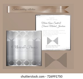 Luxury wedding invitation template with silver shiny ornament. Back and front square card layout with silver pattern on white. Isolated. Design for bridal shower, save the date, banner.