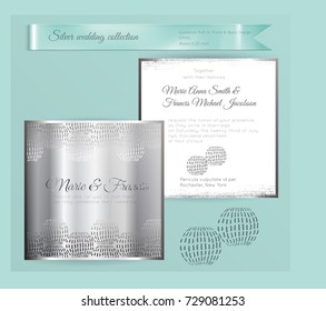 Luxury wedding invitation template with silver shiny ornament. Back and front square card layout with silver pattern on white. Isolated. Design for bridal shower, save the date, banner.