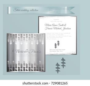 Luxury wedding invitation template with silver shiny ornament. Back and front square card layout with silver pattern on white. Isolated. Design for bridal shower, save the date, banner.