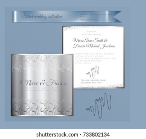 Luxury wedding invitation template with silver shiny ornament. Back and front square card layout with silver pattern on white. Isolated. Design for bridal shower, save the date, banner.