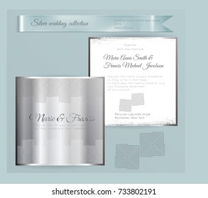 Luxury wedding invitation template with silver shiny ornament. Back and front square card layout with silver pattern on white. Isolated. Design for bridal shower, save the date, banner.