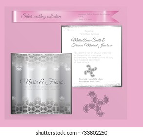 Luxury wedding invitation template with silver shiny ornament. Back and front square card layout with silver pattern on white. Isolated. Design for bridal shower, save the date, banner.