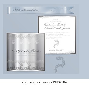 Luxury wedding invitation template with silver shiny ornament. Back and front square card layout with silver pattern on white. Isolated. Design for bridal shower, save the date, banner.