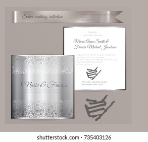 Luxury wedding invitation template with silver shiny ornament. Back and front square card layout with silver pattern on white. Isolated. Design for bridal shower, save the date, banner.