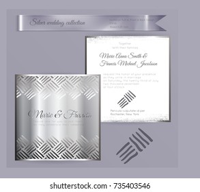 Luxury wedding invitation template with silver shiny ornament. Back and front square card layout with silver pattern on white. Isolated. Design for bridal shower, save the date, banner.