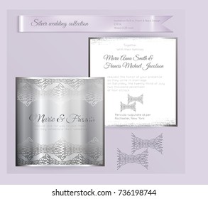 Luxury wedding invitation template with silver shiny ornament. Back and front square card layout with silver pattern on white. Isolated. Design for bridal shower, save the date, banner.