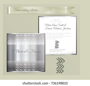 Luxury wedding invitation template with silver shiny ornament. Back and front square card layout with silver pattern on white. Isolated. Design for bridal shower, save the date, banner.