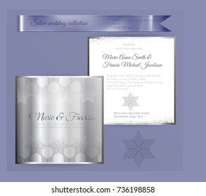 Luxury wedding invitation template with silver shiny ornament. Back and front square card layout with silver pattern on white. Isolated. Design for bridal shower, save the date, banner.