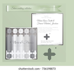Luxury wedding invitation template with silver shiny ornament. Back and front square card layout with silver pattern on white. Isolated. Design for bridal shower, save the date, banner.