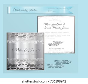 Luxury wedding invitation template with silver shiny ornament. Back and front square card layout with silver pattern on white. Isolated. Design for bridal shower, save the date, banner.