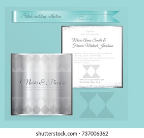 Luxury wedding invitation template with silver shiny ornament. Back and front square card layout with silver pattern on white. Isolated. Design for bridal shower, save the date, banner.