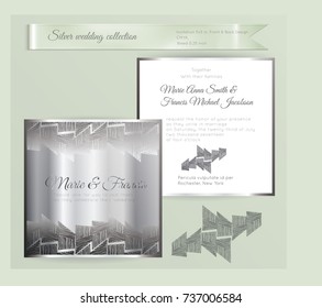 Luxury wedding invitation template with silver shiny ornament. Back and front square card layout with silver pattern on white. Isolated. Design for bridal shower, save the date, banner.