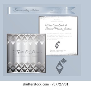Luxury wedding invitation template with silver shiny ornament. Back and front square card layout with silver pattern on white. Isolated. Design for bridal shower, save the date, banner.