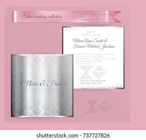 Luxury wedding invitation template with silver shiny ornament. Back and front square card layout with silver pattern on white. Isolated. Design for bridal shower, save the date, banner.