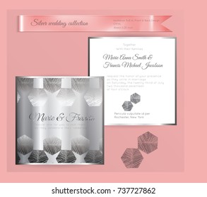 Luxury wedding invitation template with silver shiny ornament. Back and front square card layout with silver pattern on white. Isolated. Design for bridal shower, save the date, banner.