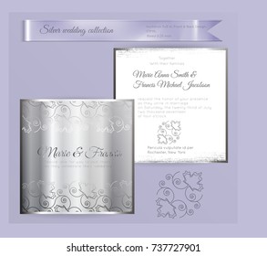 Luxury wedding invitation template with silver shiny ornament. Back and front square card layout with silver pattern on white. Isolated. Design for bridal shower, save the date, banner.